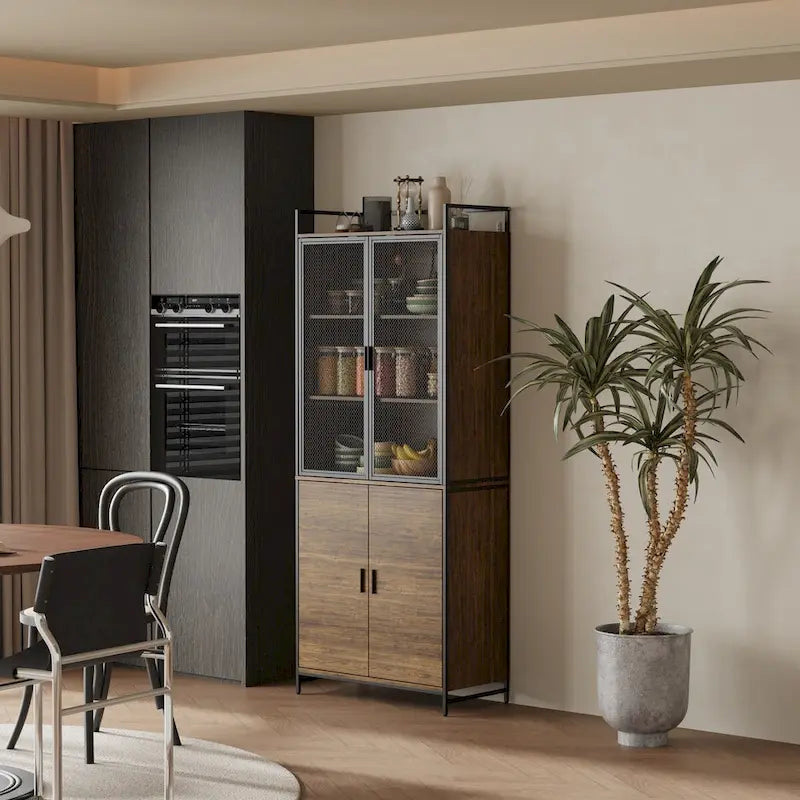 Brown Walnut Color Retro Kitchen Storage Cabinet Collection with Iron Frame