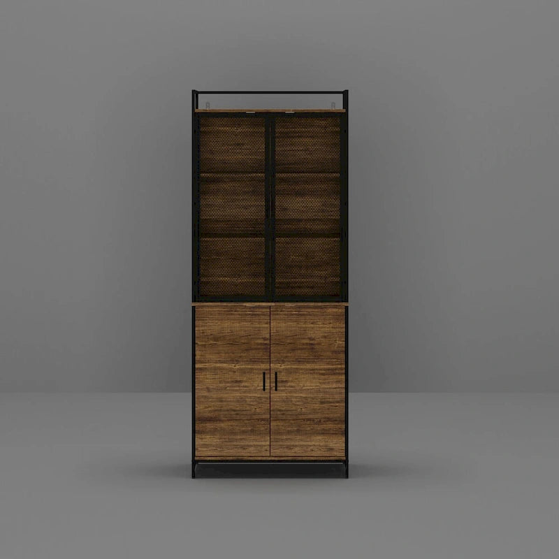Brown Walnut Color Retro Kitchen Storage Cabinet Collection with Iron Frame