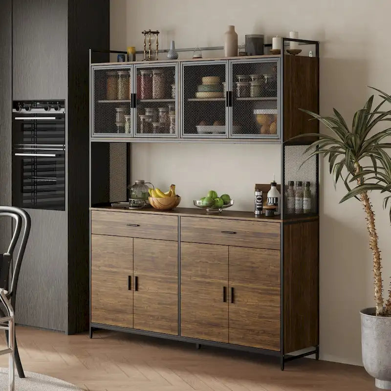 Brown Walnut Color Retro Kitchen Storage Cabinet Collection with Iron Frame