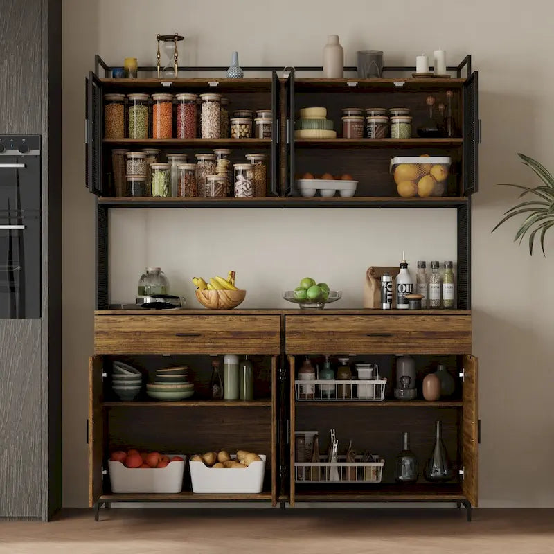 Brown Walnut Color Retro Kitchen Storage Cabinet Collection with Iron Frame