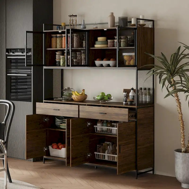Brown Walnut Color Retro Kitchen Storage Cabinet Collection with Iron Frame