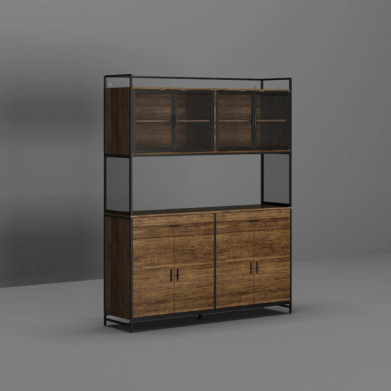 Brown Walnut Color Retro Kitchen Storage Cabinet Collection with Iron Frame