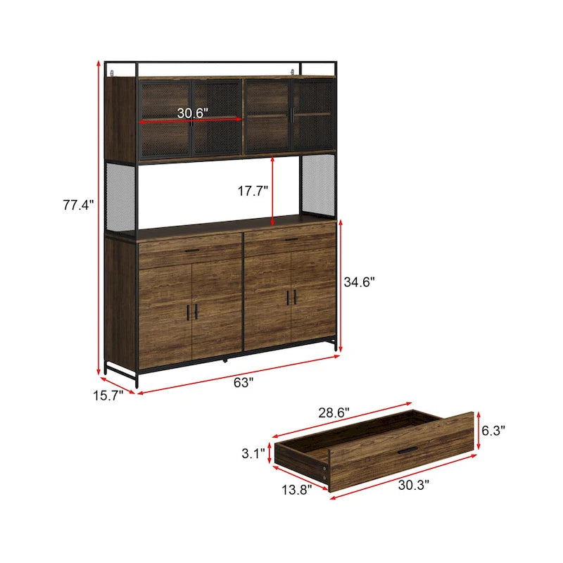 Brown Walnut Color Retro Kitchen Storage Cabinet Collection with Iron Frame