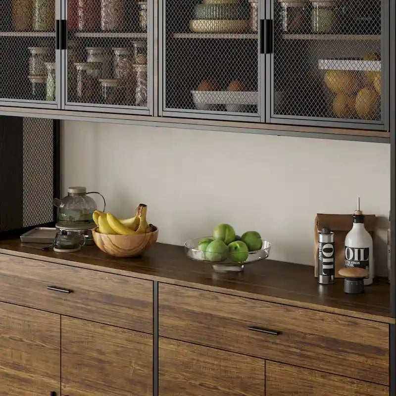 Brown Walnut Color Retro Kitchen Storage Cabinet Collection with Iron Frame