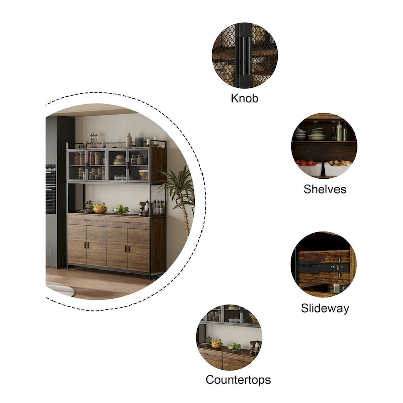 Brown Walnut Color Retro Kitchen Storage Cabinet Collection with Iron Frame