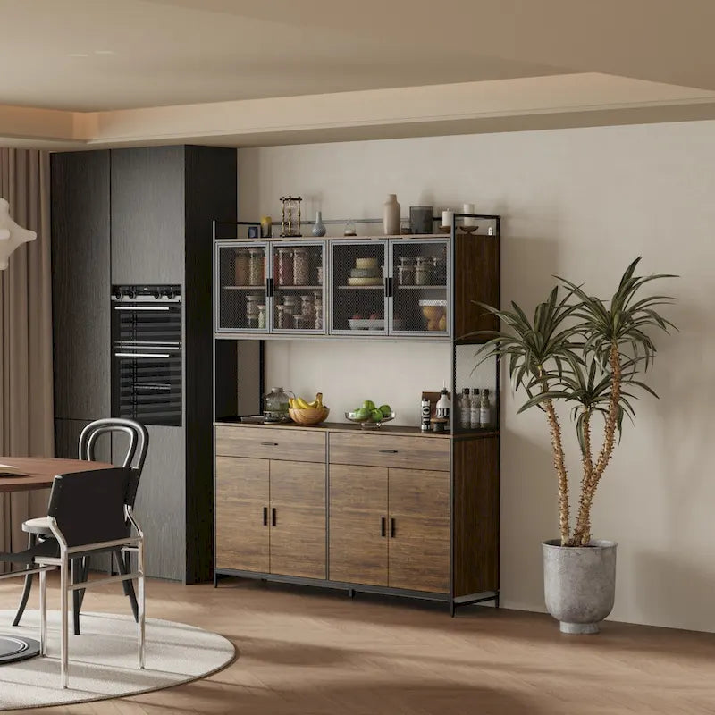 Brown Walnut Color Retro Kitchen Storage Cabinet Collection with Iron Frame