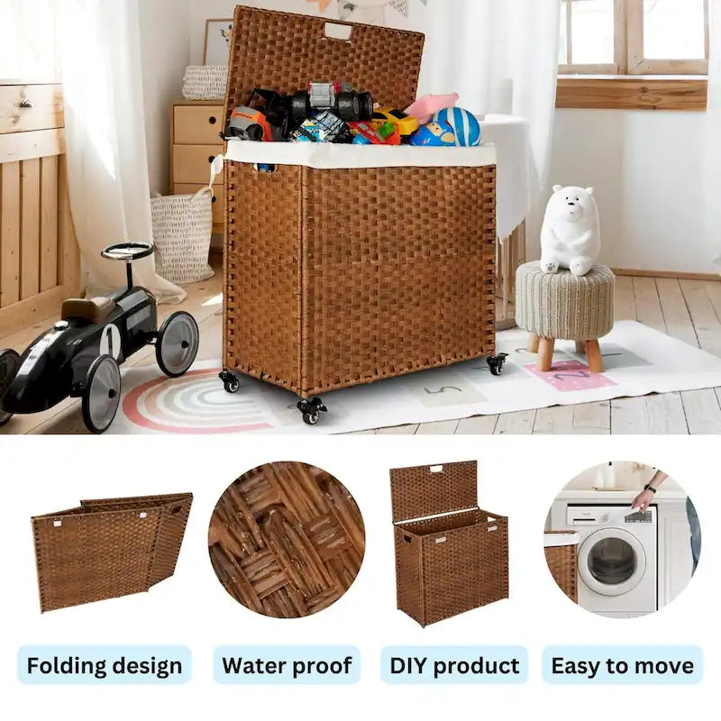 Laundry Hamper With Lid PE Rattan Powder Coating Frame Clothes Hampers with 02 Removable Bags, Wheels, 160L, Grey Color