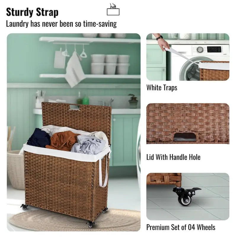 Laundry Hamper With Lid PE Rattan Powder Coating Frame Clothes Hampers with 02 Removable Bags, Wheels, 160L, Grey Color