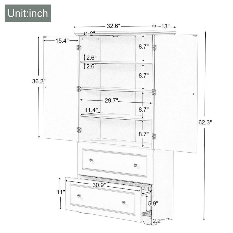 Tall Bathroom Storage Cabinet, Freestanding Storage Cabinet with Two Drawers and Adjustable Shelf