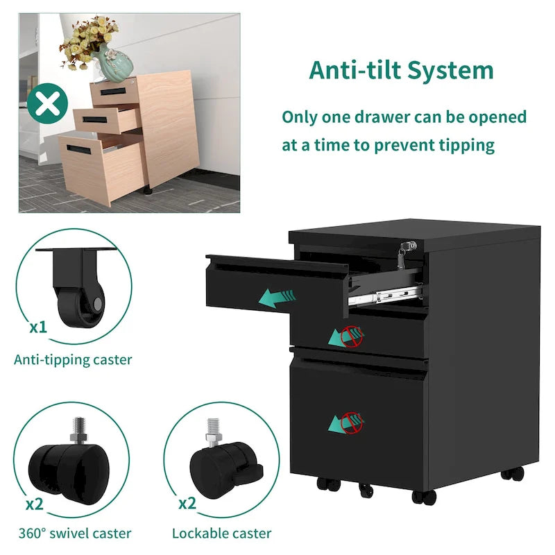 Modern 2/3-Drawer Locking Rolling Wheeled Steel File Cabinet