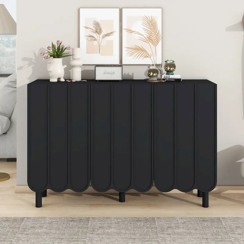 Cream Style Minimalist Shoe Cabinet with 5 Solid Wood Legs, Sideboard Buffet Cabinet with Adjustable Shelves, Wave Doors