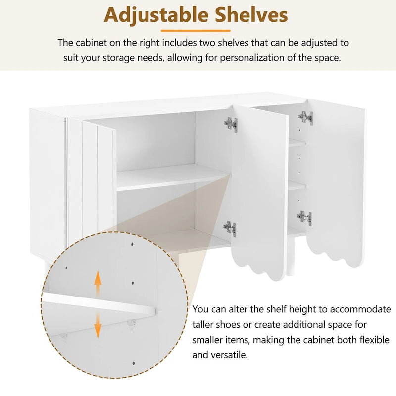 Cream Style Minimalist Shoe Cabinet with 5 Solid Wood Legs, Sideboard Buffet Cabinet with Adjustable Shelves, Wave Doors