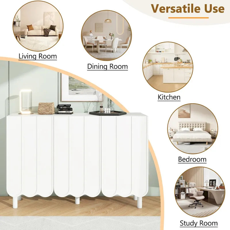Cream Style Minimalist Shoe Cabinet with 5 Solid Wood Legs, Sideboard Buffet Cabinet with Adjustable Shelves, Wave Doors