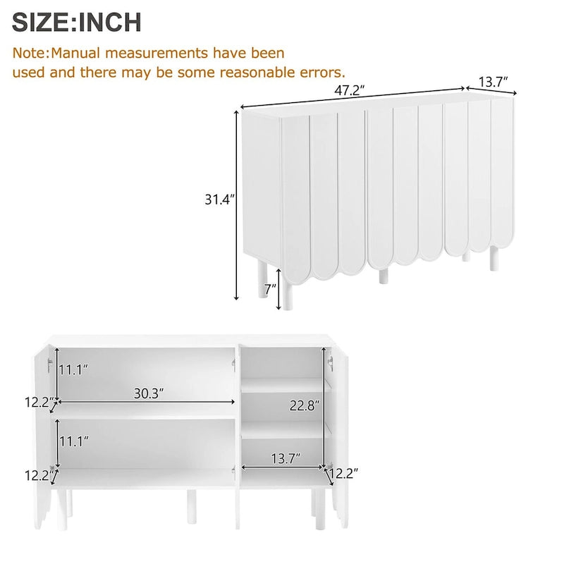 Cream Style Minimalist Shoe Cabinet with 5 Solid Wood Legs, Sideboard Buffet Cabinet with Adjustable Shelves, Wave Doors