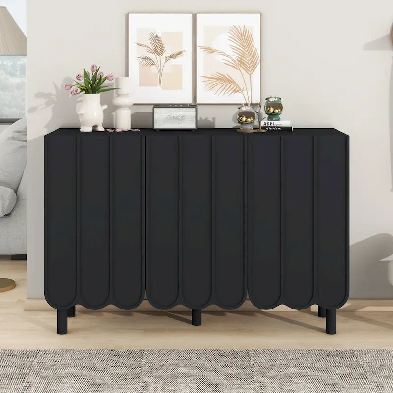 Cream Style Minimalist Shoe Cabinet with 5 Solid Wood Legs, Sideboard Buffet Cabinet with Adjustable Shelves, Wave Doors