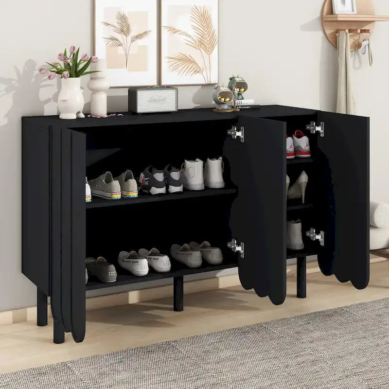 Cream Style Minimalist Shoe Cabinet with 5 Solid Wood Legs, Sideboard Buffet Cabinet with Adjustable Shelves, Wave Doors