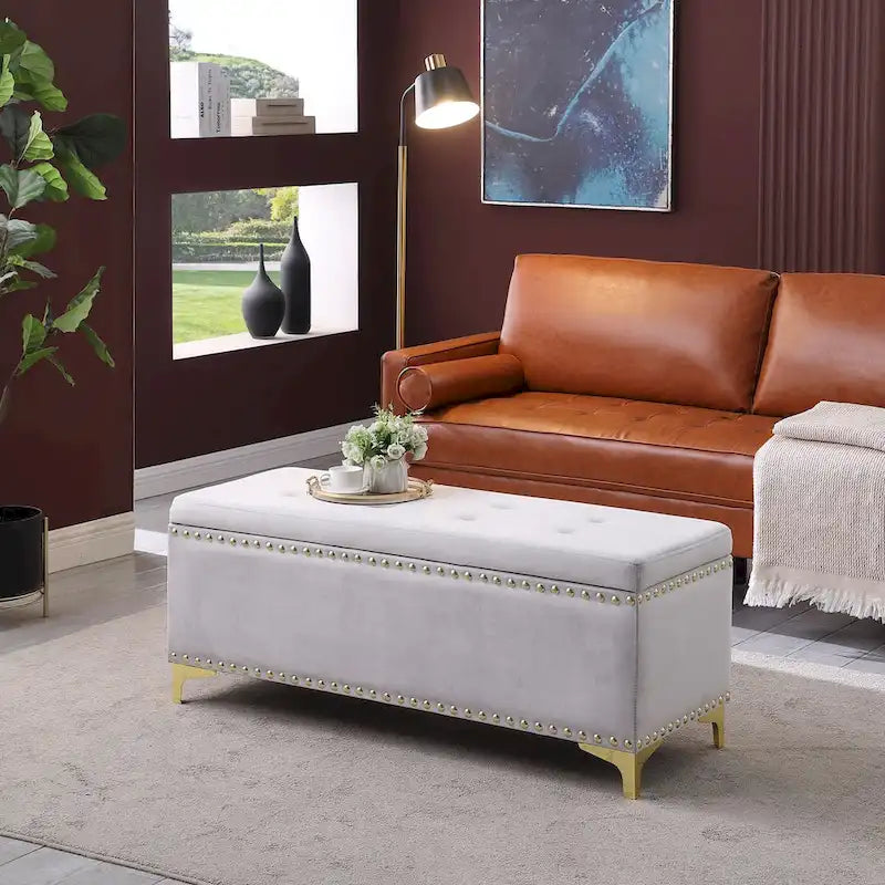 Large Storage Benches Set, Nailhead Trim 2 in 1 Combination Benches, Tufted Velvet Benches with Gold Leg, Support 250lbs