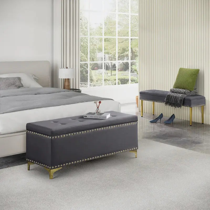 Large Storage Benches Set, Nailhead Trim 2 in 1 Combination Benches, Tufted Velvet Benches with Gold Leg, Support 250lbs