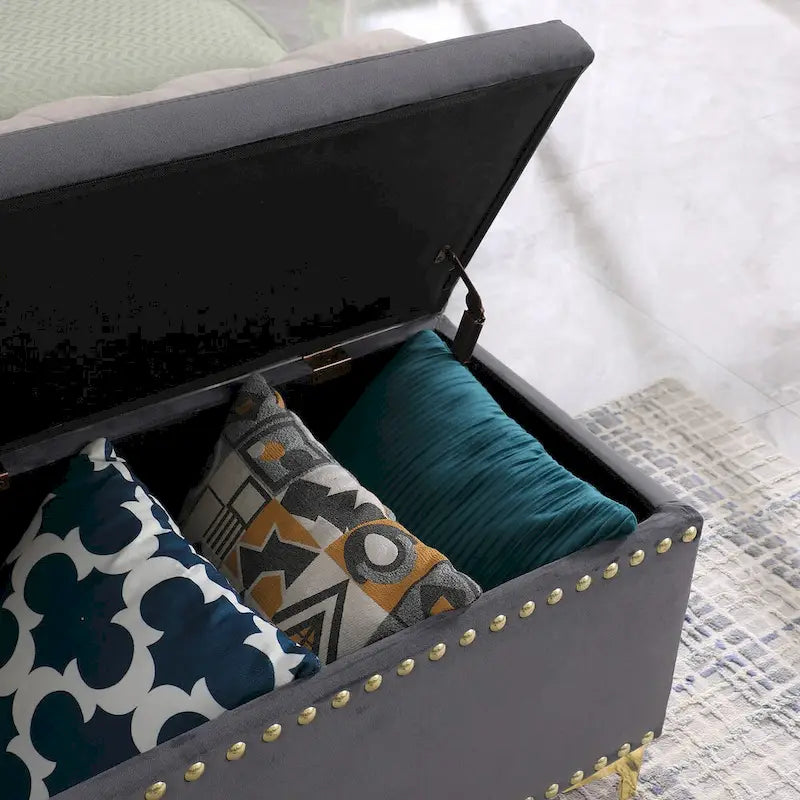 Large Storage Benches Set, Nailhead Trim 2 in 1 Combination Benches, Tufted Velvet Benches with Gold Leg, Support 250lbs