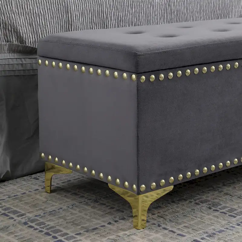 Large Storage Benches Set, Nailhead Trim 2 in 1 Combination Benches, Tufted Velvet Benches with Gold Leg, Support 250lbs