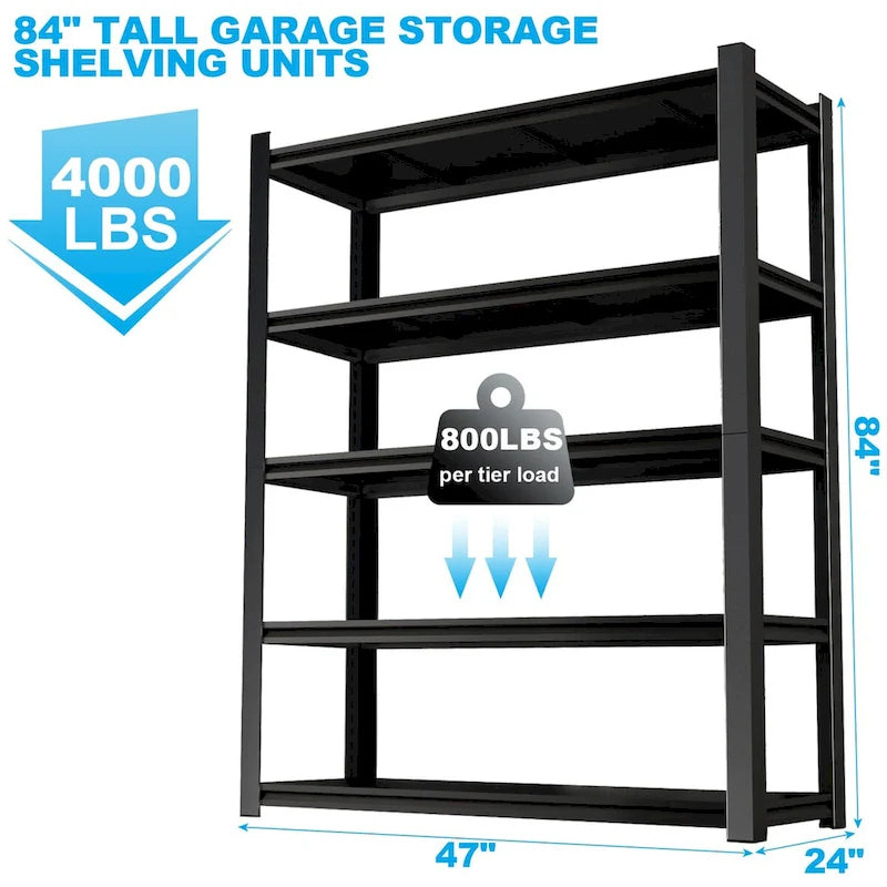 83.86 Inch Tall Black Metal Shelves with 5 Removable Dividers Are High Capacity and Load Bearing for Garages