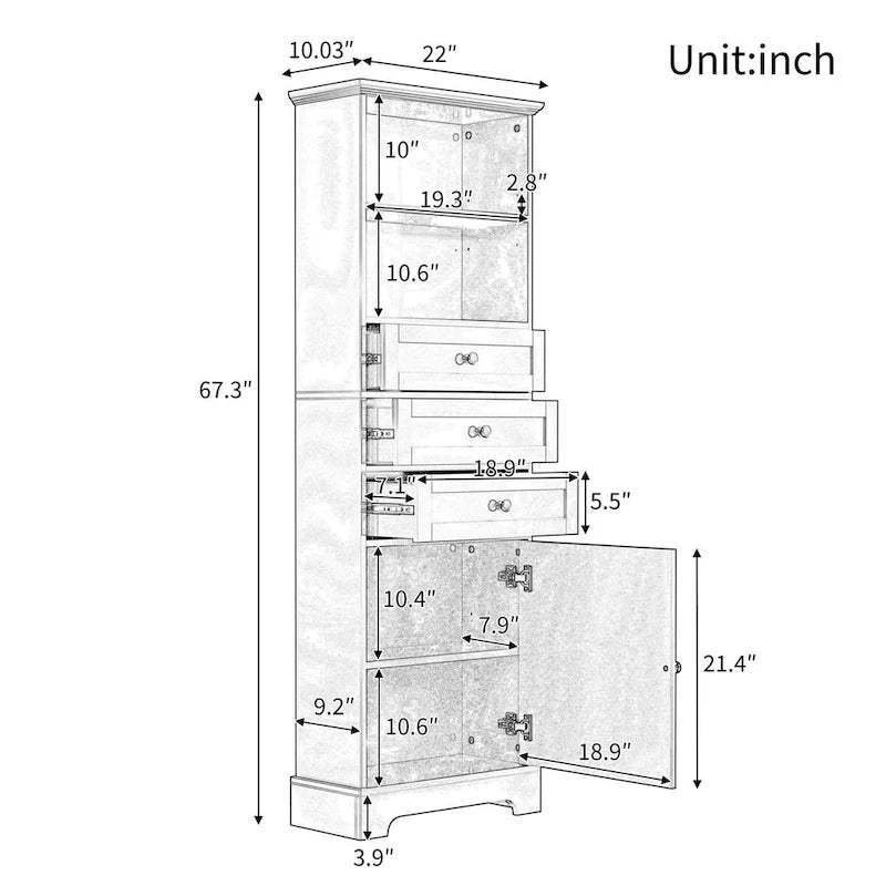 Black Tall Storage Cabinet with 3 Drawers and Adjustable Shelves for Bathroom,MDF Board with Painted Finish