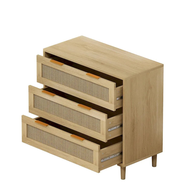 Roomfitters 31.50 Oak Rattan 3-Drawer Storage Cabinet for Bedroom, Living Room, and Hallways
